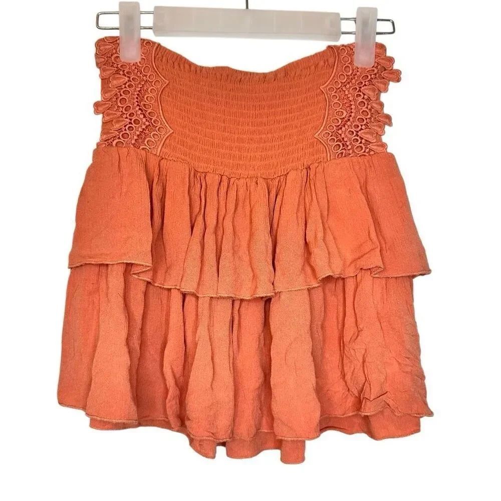 Altar’d State Smocked Lace Trim Tiered Ruffle Orange Mini Skirt Small